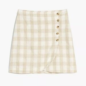 MADEWELL Linen Blend Tulip Hem Skirt Tan White Gingham Plaid Tortoise Buttons